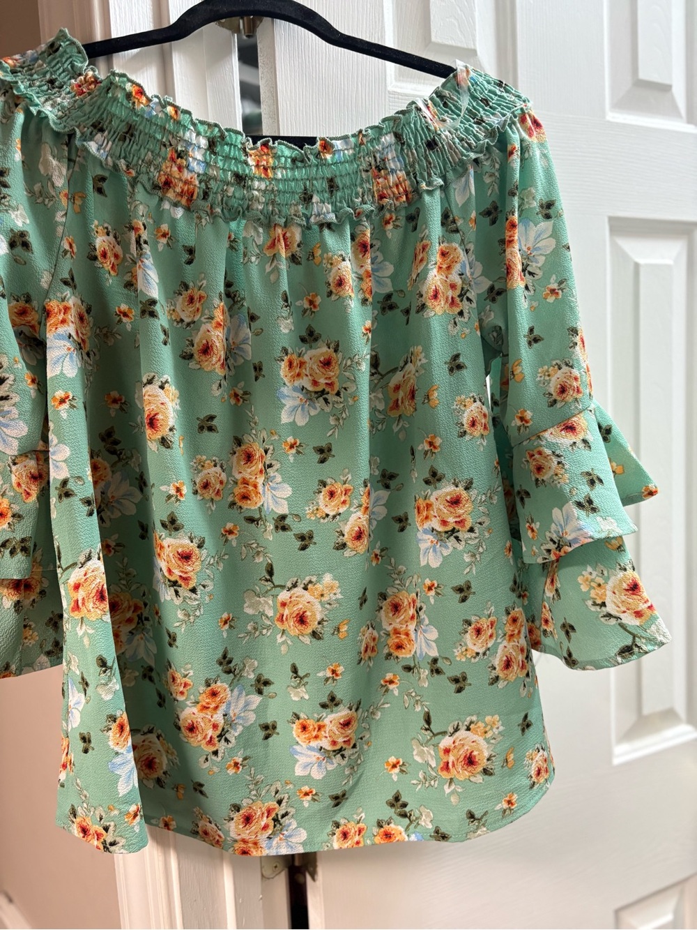 Vine & Love Mint Green Floral Off-Shoulder Blouse